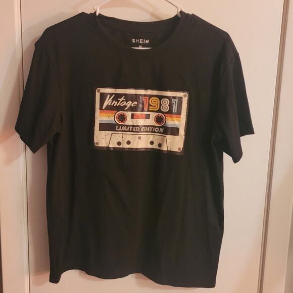 Shein Black Retro Cassette Graphic T-Shirt - Size Medium - Vintage 1981 Gift - Picture 1 of 5